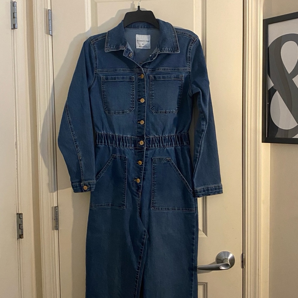 Dark Blue Denim Jumpsuit with Button Front